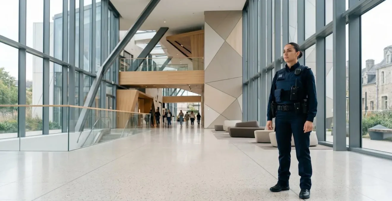 Vue d'ensemble d'un agent de sécurité en tenue professionnelle dans un environnement commercial français