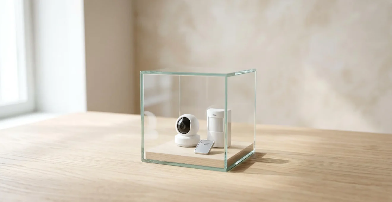 Boîte transparente en verre contenant des éléments de sécurité miniatures visibles, posée sur surface en bois clair avec lumière naturelle
