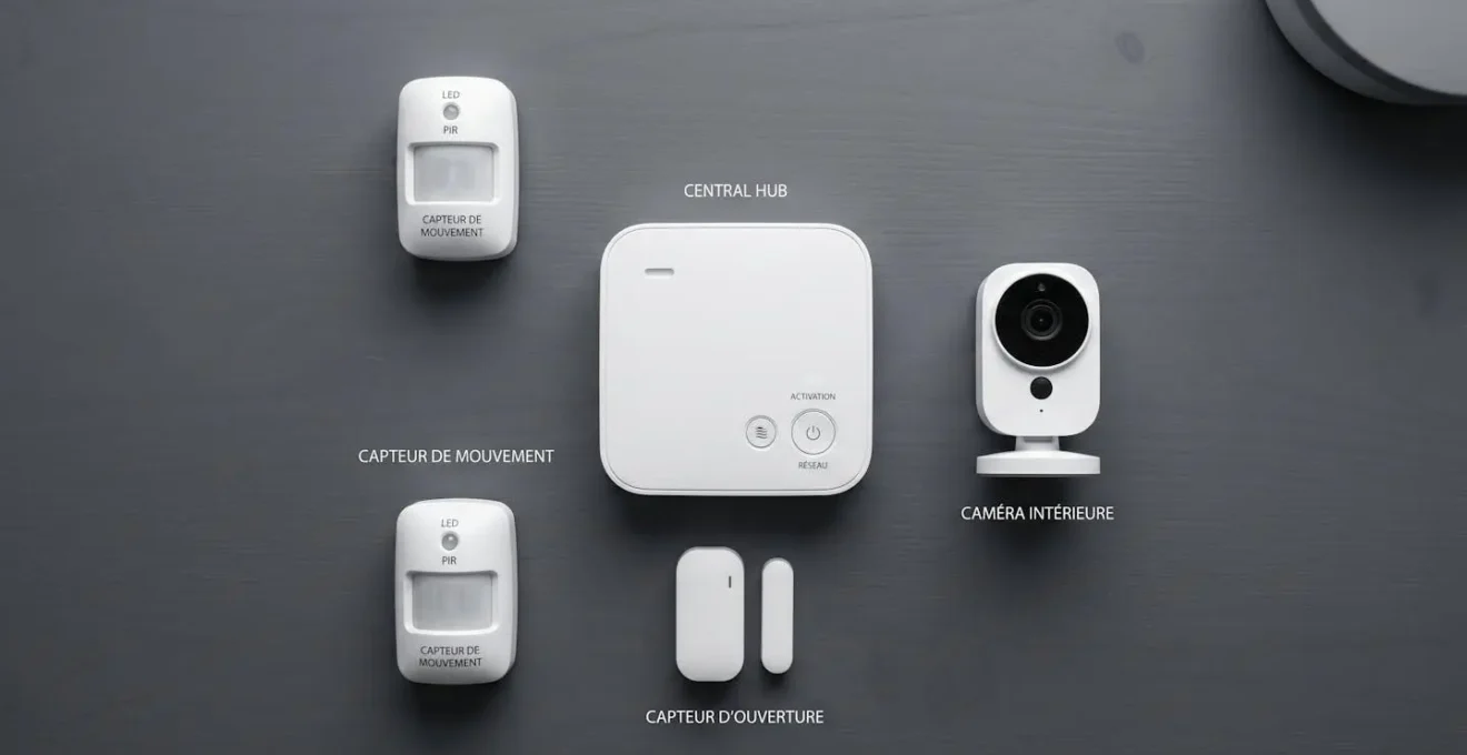 Illustration isométrique en coupe d'une maison montrant l'emplacement des différents équipements de télésurveillance connectés